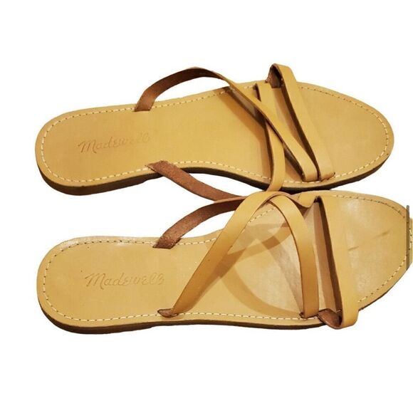 Madewell The Boardwalk Skinny Strap Slide Sandals Leather Size 9 Open Toe Tan - Picture 3 of 6
